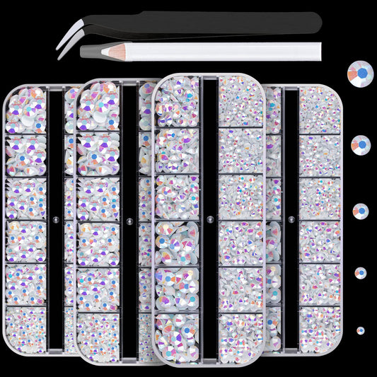7000PCS Resin Rhinestones with Tweezers for Crafting, 2/3/4/5/6mm Flatback Jelly Rhinestones, 4 Box White AB Non Hotfix Crystal Gems for DIY Crafts Mugs Tumblers Clothes Makeup Nail