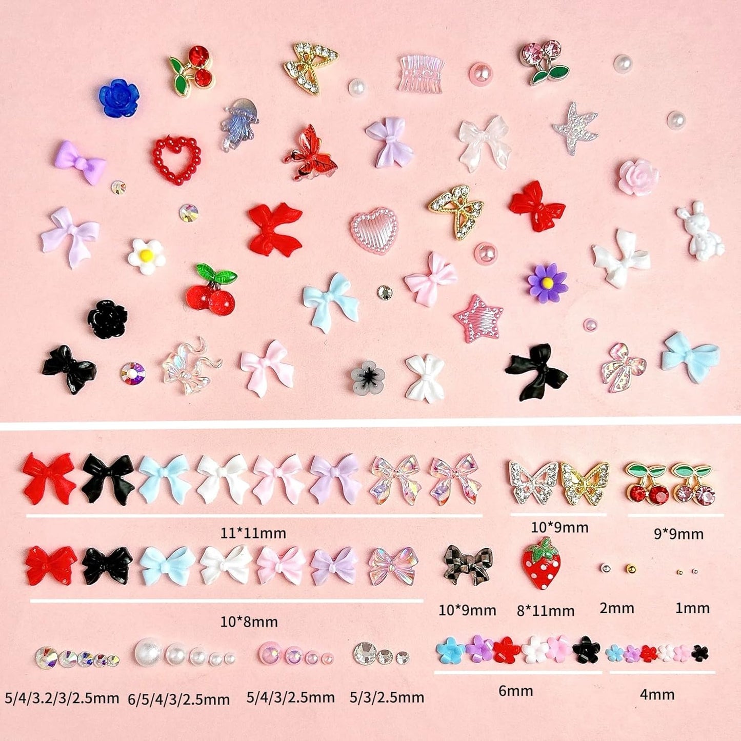 3D Flowers Nail Charms Y2K Kit, Metal Butterfly Cherry Colorful Bow Charms for Nails Art Gems, White and Pink Bows Pearls Charms for Nail Manicure DIY Crafts Jewelry Accessories
