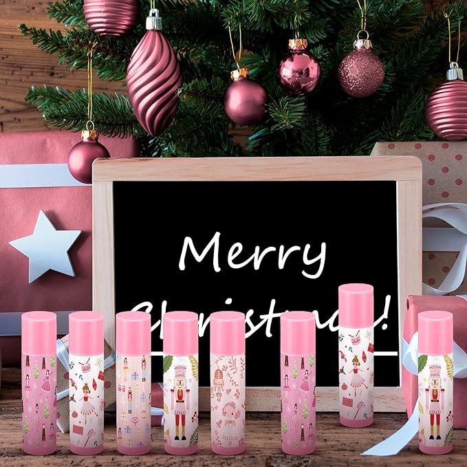 Dunzy 50 Pcs Christmas Lip Balm Gifts Bulk Pink Christmas Nutcracker Themed Lip Balm Xmas Lip Moisturize for Lip Care Xmas Holiday Party Stocking Stuffers, 5 Flavors