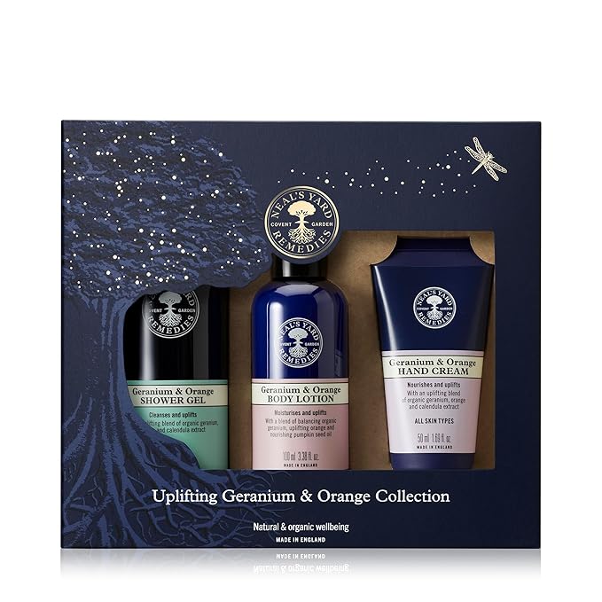Neal's Yard Uplifting Geranium & Orange Collection with Geranium Essential Oil, For All Skin Types, Vegetarian Approved, Cruelty Free, 3 Piece Set