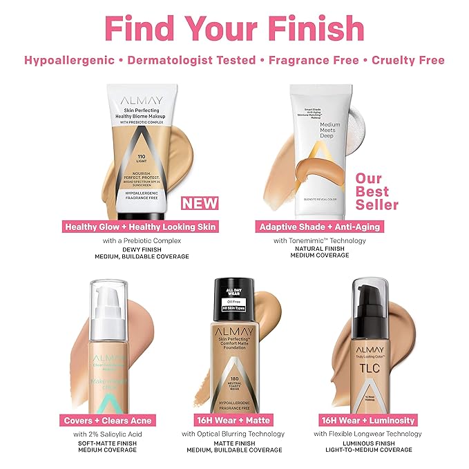 Almay Skin Perfecting Healthy Biome Foundation Makeup with Prebiotic Complex SPF 25, Hypoallergenic, -Fragrance Free, 100 Fair, 1 fl. oz.