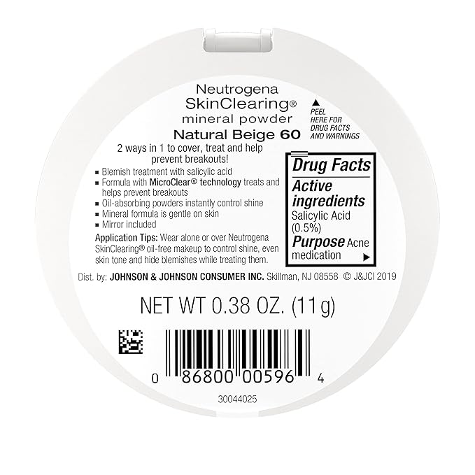 Neutrogena SkinClearing Mineral Acne-Concealing Pressed Powder Compact, Shine-Free & Oil-Absorbing Makeup with Salicylic Acid to Cover, Treat & Prevent Breakouts, Natural Beige 60,.38 oz (Pack of 2)
