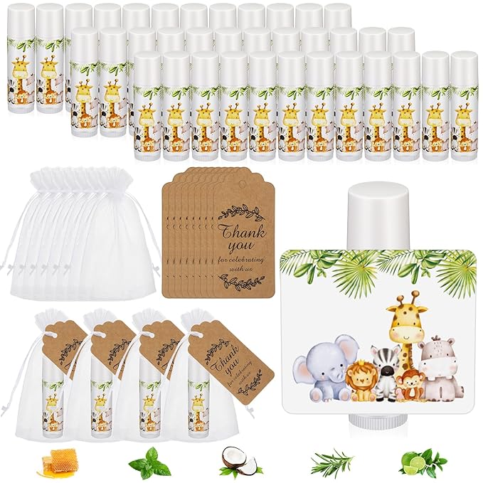Fumete 50 Pack Jungle Animal Baby Shower Party Gifts Favors Bulk Lip Balms for Guests Boys Girls Neutral Gender Reveal Favors for Baby Shower Prizes Souvenirs Bags Stuffer Classroom Prizes