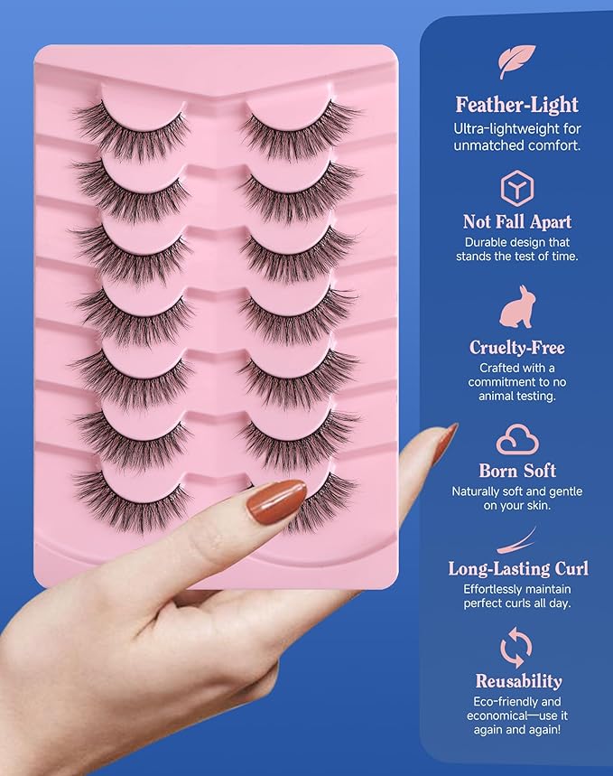 Natural Lashes Wispy False Eyelashes Strip Flared Natural Look Eyelash CatEye Lash Soft Lashes Fluffy Mink Eyelash Pack 7 Pairs 16MM D76