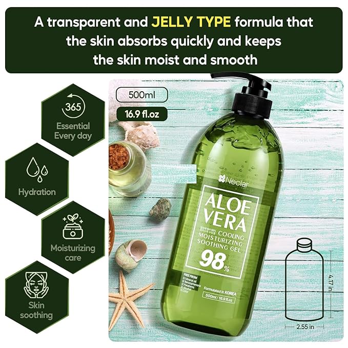 98% Aloe Vera Gel for Face, Skin and Hair - 16.9 oz / 500ml - Pure Aloe Vera Gel for Sunburn Relief - After Sun Care - Sun Burn Moisturizer