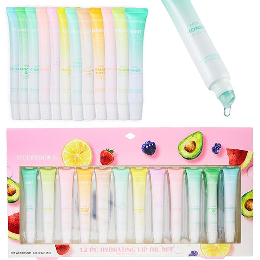 Expressions 12pc Lip Oil Set - Flavored Lip Oils Value Pack, Hydrating Lip Oils w/Squeeze Tube Application, Moisturizing Lip Oil Collection for Everyday Lip Care and Lip Repair (FRUITS)
