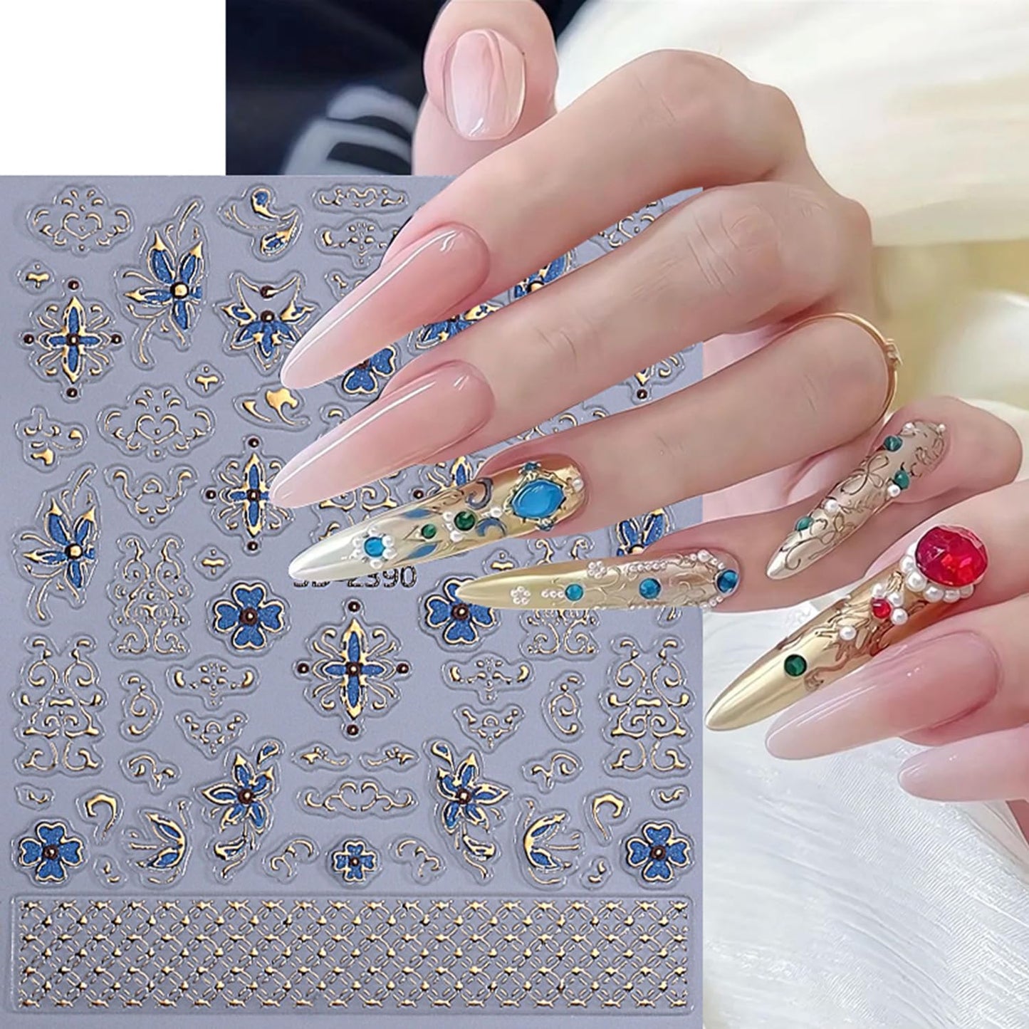 5 Sheets Bohemian Style Nails Art Stickers 3D Self-Adhesive Relief Nails Stickers Stars Moon Sun Golden Butterfly Flower Nail Decal Supplies Women's DIY Bohemian Nail Art Decoration