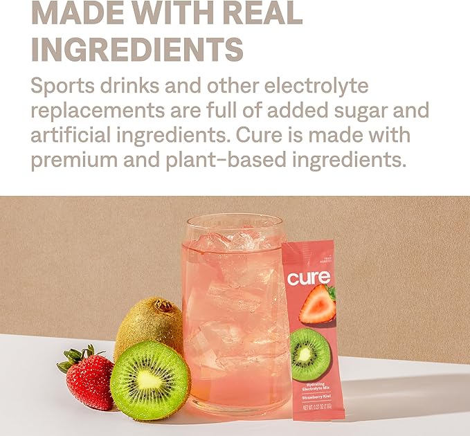 Cure Hydration | Plant-Based Electrolyte Drink Mix | No Added Sugar | Dehydration Relief Powder Made with Coconut Water | Non-GMO | Vegan | 28 Servings Jar - Strawberry Kiwi