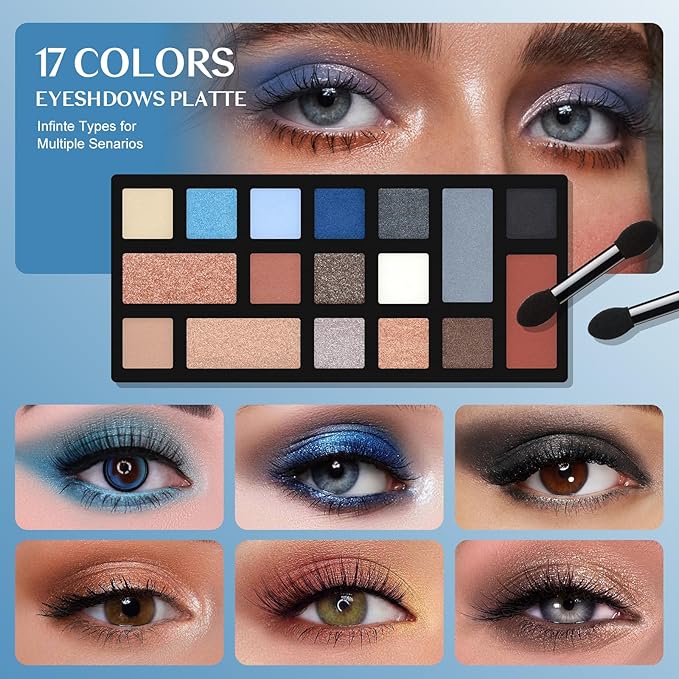 Color Nymph Beginner Makeup Kit For Teens, Girls Makeup kits With Recyclable And Key-Lockable Cabinet Included 17-Colors Eyeshadows Blushes Bronzer Highlighter Lipstick Brushes Mirror(Blue)