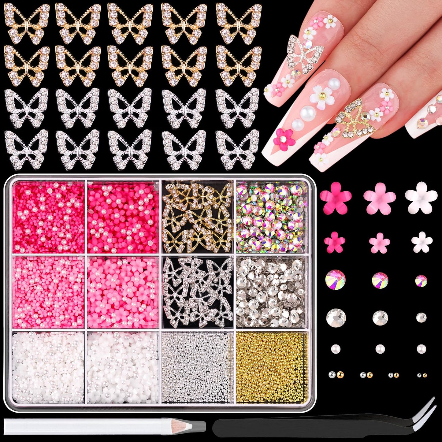 3D Nail Charms and Gems Set 3, 20PCS Gold and Silver Chunky Butterfly Nail Charms with Rhinestones, 3D Flowers for Nails, Crystal and Pearls + Metal Caviar Beads + Picker Tool for Y2K Nail Decoration