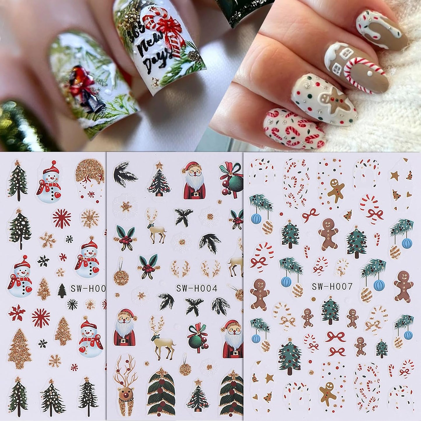 Glitter Christmas Nail Art Stickers 12 Sheets Sparkles Winter Nail Decals 3D Self Adhesive Nail Supplies DIY Santa Claus Gingerbread Man Snowflake Xmas Manicure Decoration DIY Supplies for Women Girl