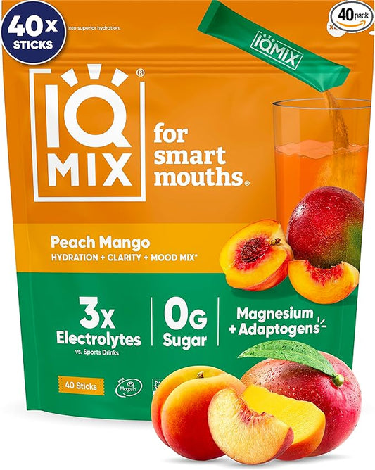 IQMIX Hydration Electrolyte Powder – 4-in-1 Formula for Hydration, Mental Clarity, Mood and Recovery – Sugar-Free Drink Mix, Keto, Magnesium L-Threonate, Lion’s Mane – 40 Count Peach Mango