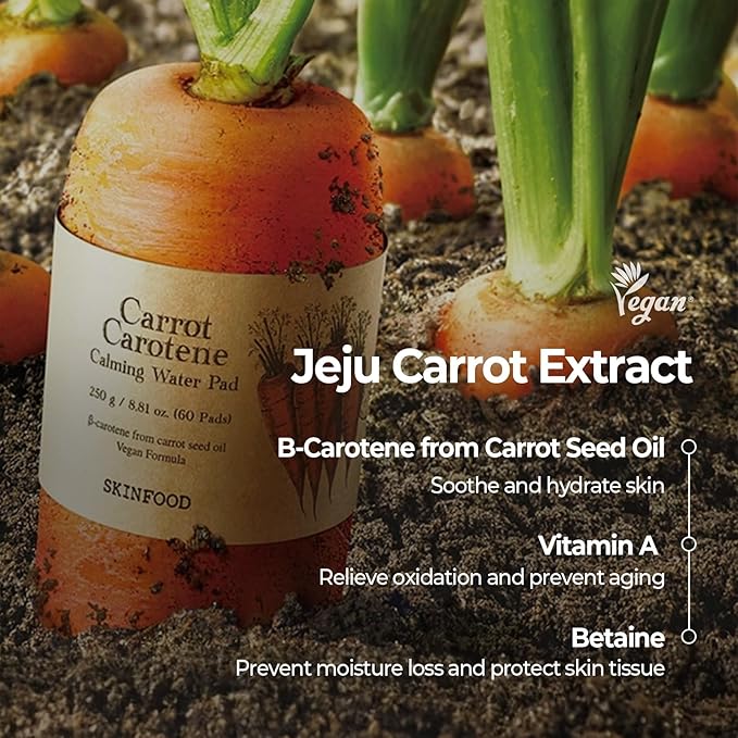 SKINFOOD Carrot Carotene Calming Water Toner Pads, Korean Skin Care Toner Pad for Face, Deep Hydrating, Soothing, After Sun Skincare for Sensitive Skin, Redness Relief, 100% Cotton, 8.81 oz (60 Pads)