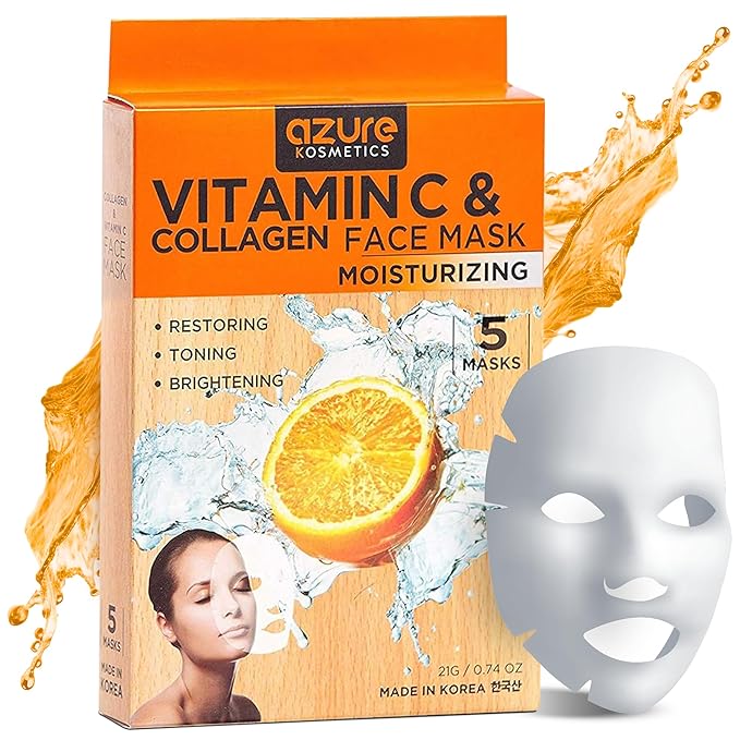 Azure Cosmetics Vitamin C & Collagen Face Mask - Dermatologist Tested, Anti Aging, Hydrating & Moisturizing Sheet Mask for Dry Skin - Firms, Tones & Smooths Fine Lines - Korean Skin Care - Pack of 5