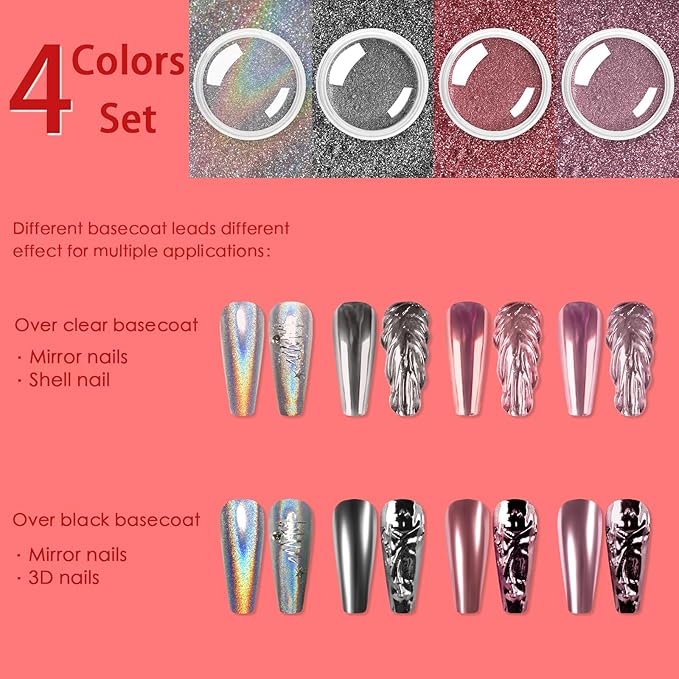 Allstarry Chrome Nail Powder, Metallic Mirror Effect Pigment Chrome Holographic Nail Glitter Magic Unicorn Glitter Dust Kit for Manicure Valentines Nail Art Decoration- Pink Silver Grey Series