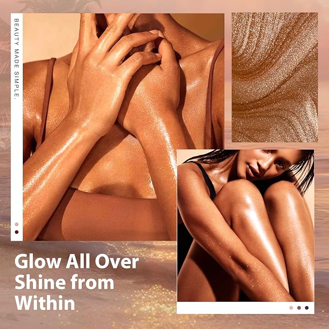 Body Shimmer Oil, Suncreen 50ml Liquid Highlighter Bronzer Body Glitter Oil Long Lasting Moisturizing Makeup Lotion Illuminate Serum Glow Shimmer Skin 1.7 Fl Oz（Bronze Gold #02)