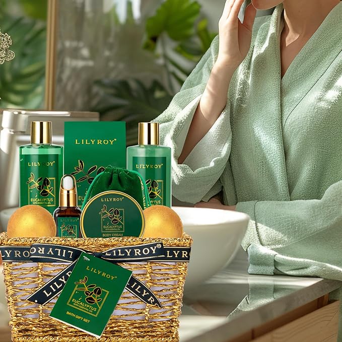 Bath & Body Gift Basket for Mothers Day - 10-Piece Eucalyptus Luxury Spa Set for Women & Men, Relaxation, Aromatherapy Ideal for Christmas, Father’s Day, Birthday with Shower Gel & More for Her & Him