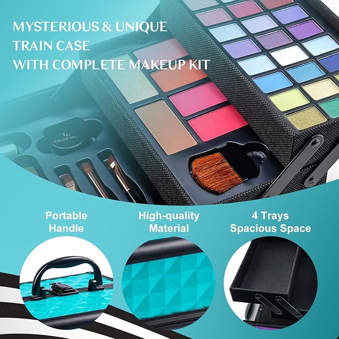 Color Nymph All In One Makeup Kit Comestics Gifts for Girls Teens, Travel Makeup Set 4 Trays Train Case for Beginner Includes Eyeshadow Highlighter Lipgloss Blush Concealer Brush Eyeliner Lipbalm