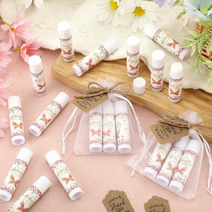 Demissle 50 Pcs Baby Shower Lip Balm Gift Set with 100 Pcs Organza Bags Baby Shower Party Favor for Guest Thank You Tag Rope Baby Shower Party Decoration Gender Reveal Souvenirs (Butterfly)