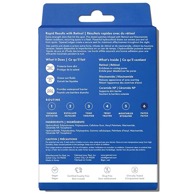 Rael Pimple Patches, Miracle Retinol Spot Cover - Hydrocolloid Acne Patch for Face, Absorbing Zits & Blemishes, PM Advanced Treatment, Facial Sticker (72 Count)