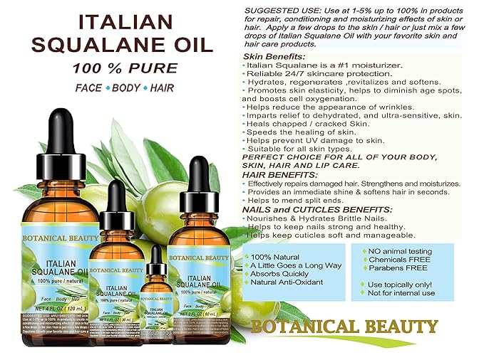 SQUALANE Italian Olive. 100% Pure Natural Undiluted Oil. 2 fl.oz- 60ml. 100% Ultra-Pure Moisturizer for Face, Skin, Body, Hair. Reliable 24/7 skincare protection