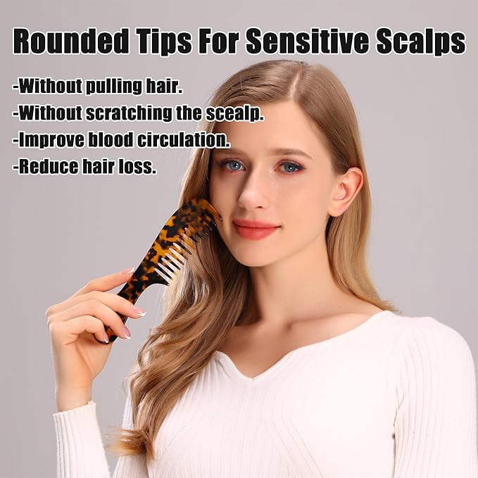 Fsmiling Wide Tooth Comb Large Detangling Comb Cellulose Detangler Comb for Women Thick Curly Wavy Wet Dry Hair 2 Pack,Tortoise shell