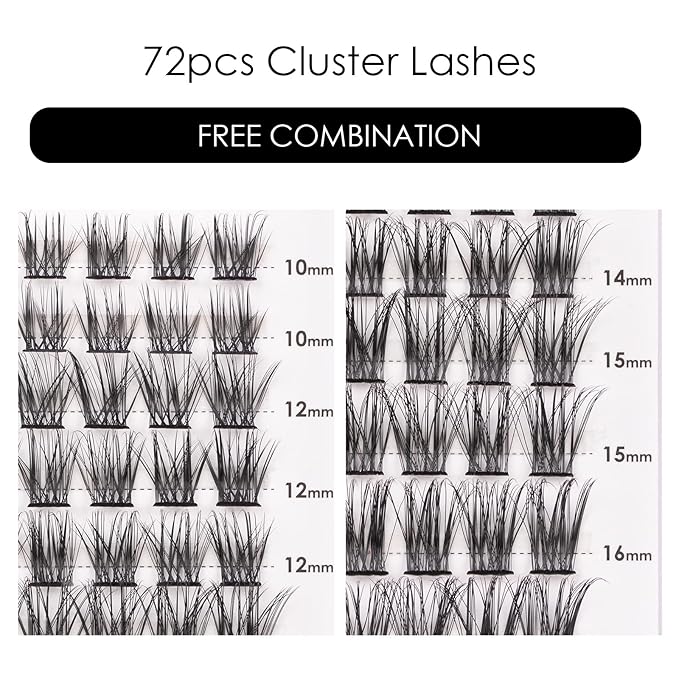 Cluster Lashes 72 Individual Lashes Clusters Eyelash Extensions False Eyelashes DIY Lash Extension Kit Reusable False Eyelashes Natural Look Mix 10-16mm C D Curl-DM06
