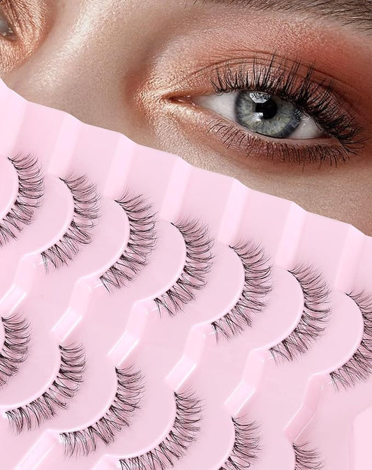 Short Lashes Natural Look Everyday Wispy False Eyelashes Clear Band Strip Eyelash Soft Lashes Fluffy Pack 7 Pairs SF-01
