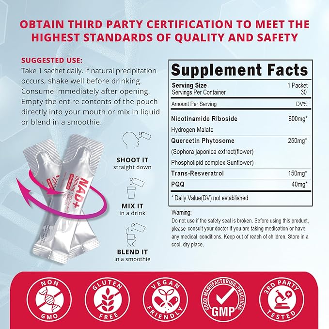 High-Potency 1000mg Nicotinamide Riboside with Resveratrol, PQQ & Quercetin Liquid Supplement, Berry Flavor Drink Mix, Boosts Cellular Energy, Focus & Anti-Aging, 30 Packets