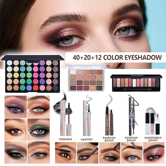 All in One Makeup Kit Makeup Kit for Women Full Kit Multipurpose Makeup ，eyeshadow、 liquid foundation,Loose powder,Eyebrow pencil,4-color lip gloss set