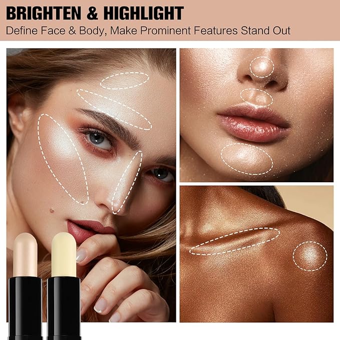 Contour Stick, 2Pcs Dual-Ended Highlighter Makeup Pen & Contouring Stick for Face Shaping, Long Lasting Waterproof Cream Bronzer & Highlight Sticks Make Up Kit for All Skin Tones (01# + 04#)