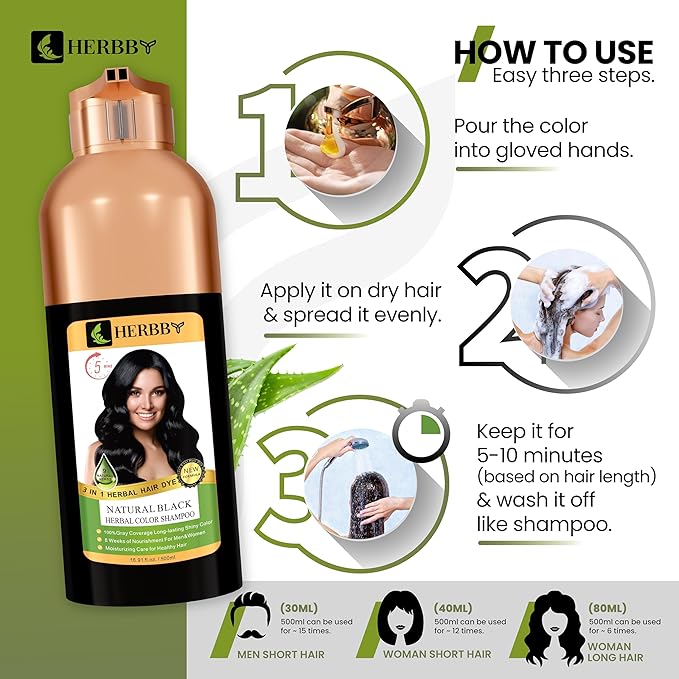 Hair Color Shampoo for Gray Hair Coverage&Color Transform with 9 Herbal Extracts –Long Lasting(6-8 Weeks),Shiny,Evenly Colored,Instant Hair Dye Shampoo&Conditioner,500 Ml (NATURAL BLACK COLOR)