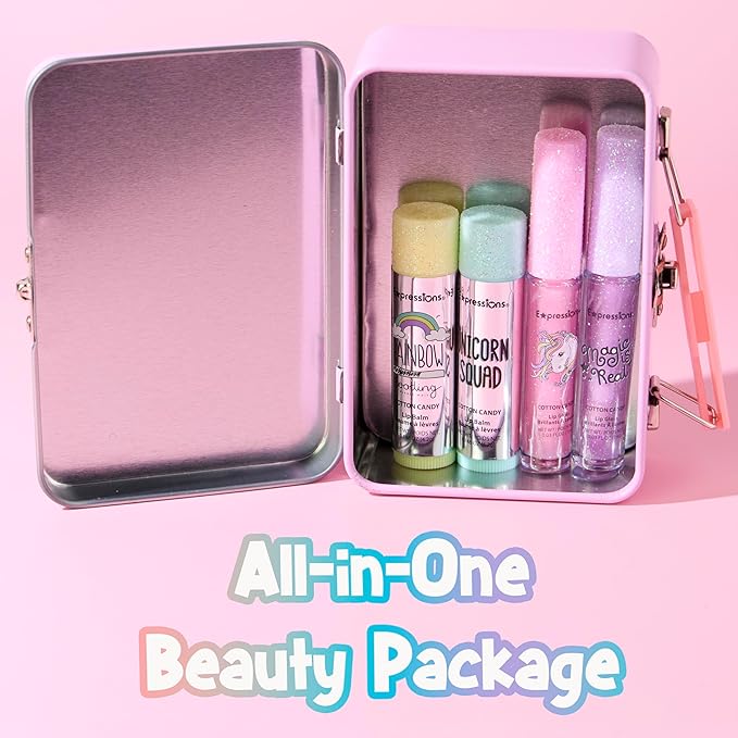 Expressions - 5pc Cosmetics Lip Kit For Kids w/Lip Glosses, Lip Balms & Tin Box Storage Case,I Believe in Unicorns Hologrpahic,Washable + Non Toxic
