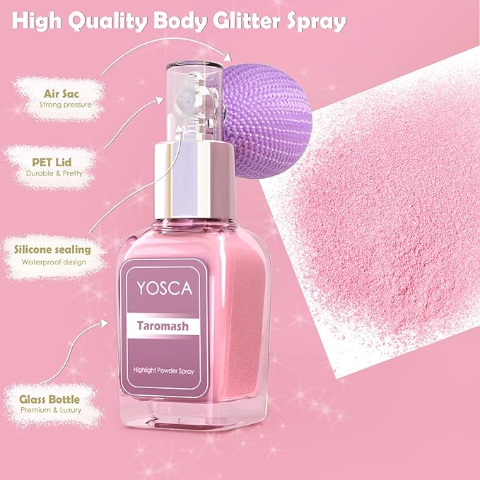 Yosca Highlighter Powder Spray, 20ML Cosmetic Grade Shimmer Powder Pink Glitter Spray Sparkle Highlighter Makeup Festival Concert Accessorise for Rave Clothes Hair Face Nail Art - Taromash
