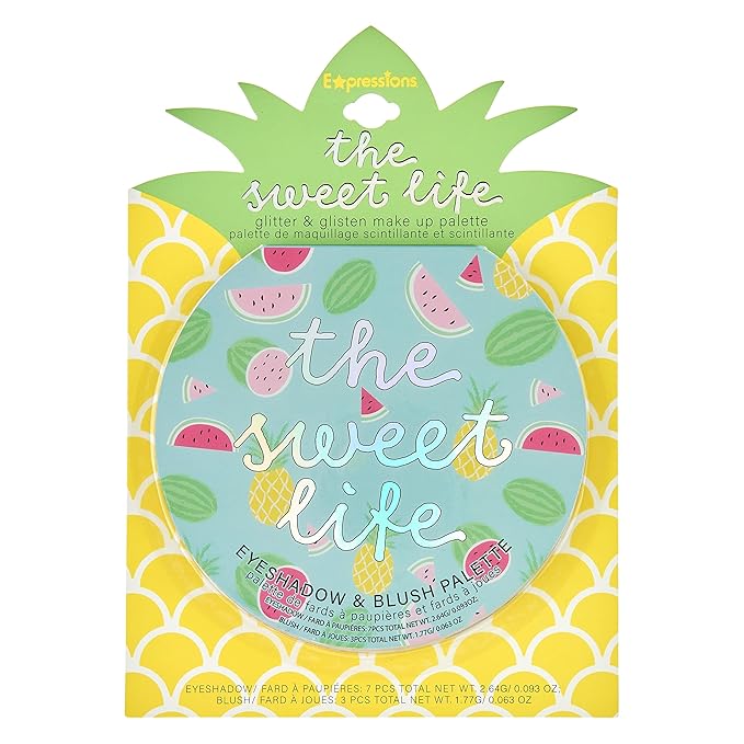 Expressions The Sweet Life Glisten & Glitter Makeup Palette 10 Color Eyeshadow Palette & Blush Makeup Novelty Beauty Set, Fold Out Compact with Mirror,Washable, Non-Toxic