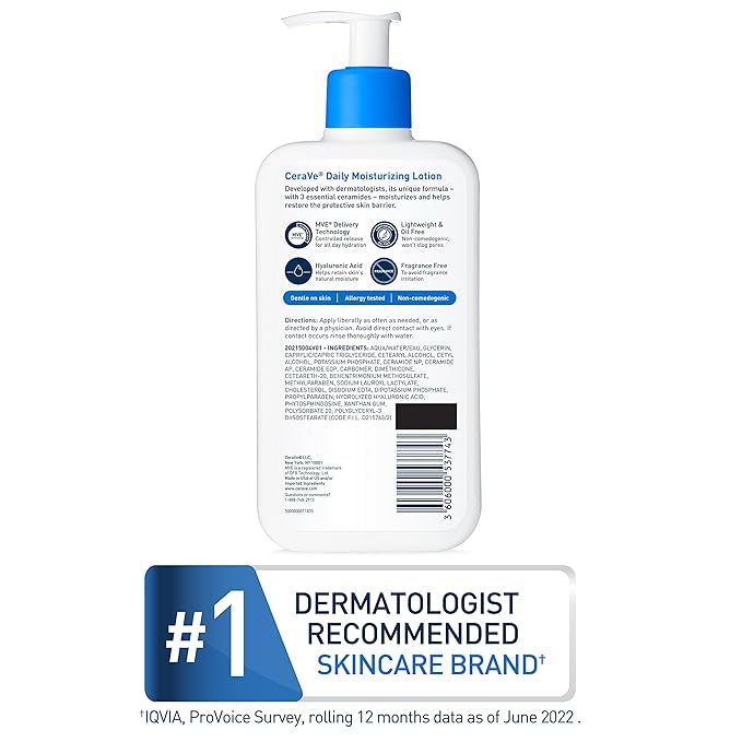 CeraVe Daily Moisturizing Lotion for Dry Skin, Body Lotion & Face Moisturizer with Hyaluronic Acid and Ceramides, Daily Moisturizer, Fragrance Free, Oil-Free, 19 Ounce