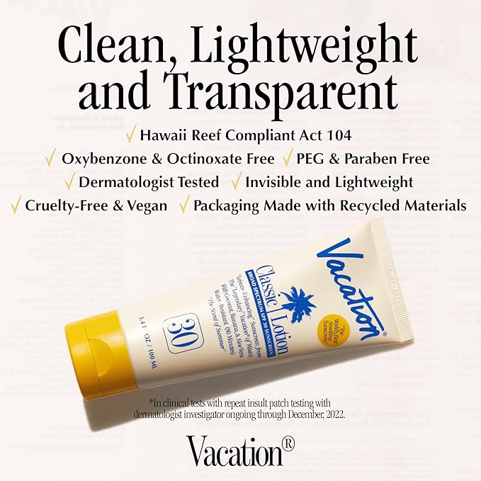 Vacation Classic Sunscreen Lotion SPF 30, Water-Resistant, Lightweight, Transparent on All Skin Tones, Dermatologist-Tested, Vegan, Travel Size, 3.4 Fl. Oz. (Value Pack of 3)
