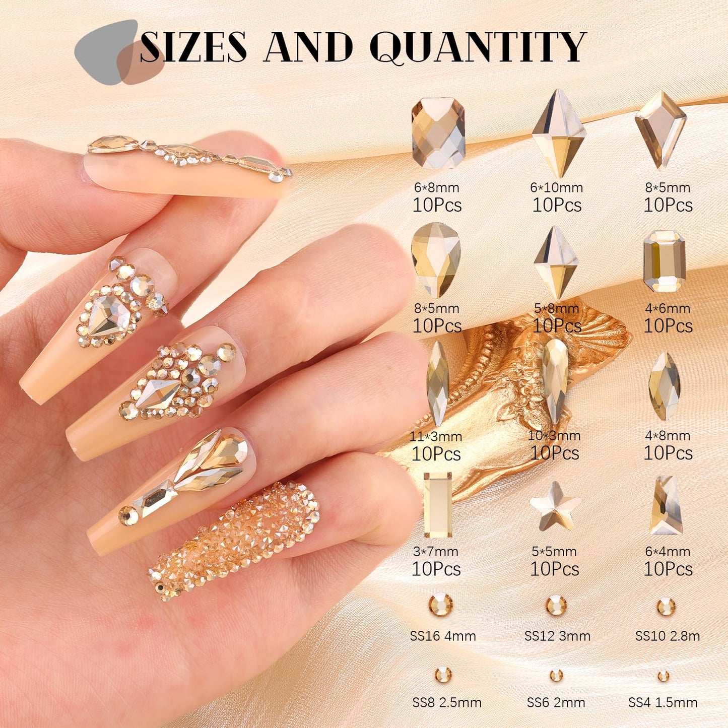3220Pcs Gold Nail Rhinestones, 1.5-4mm Mini Flatback Crystal & 3D Multi Shapes Gems, Champagne Gold Charms Diamond Gemstones for Nails Decoration