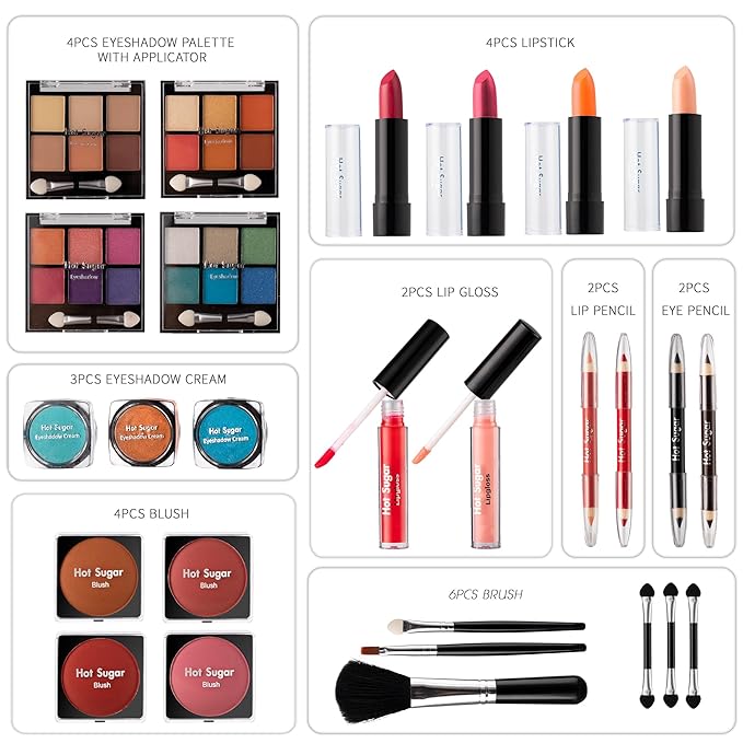 Hot Sugar Makeup Kit for Girls 10-12, Teen Girls Makeup Set for Beginners With Eye Shadow Palette, Blush, Lip Gloss, Brush, Mirror (Colored Bubble)