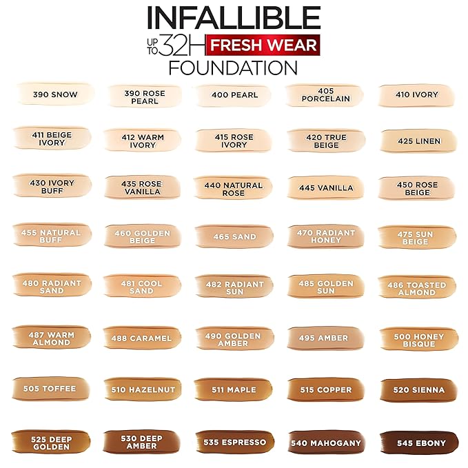 L'Oreal Paris Makeup Infallible Up to 32 Hour Fresh Wear Lightweight Foundation, 410 Ivory, 1 Fl Oz, Packaging May Vary