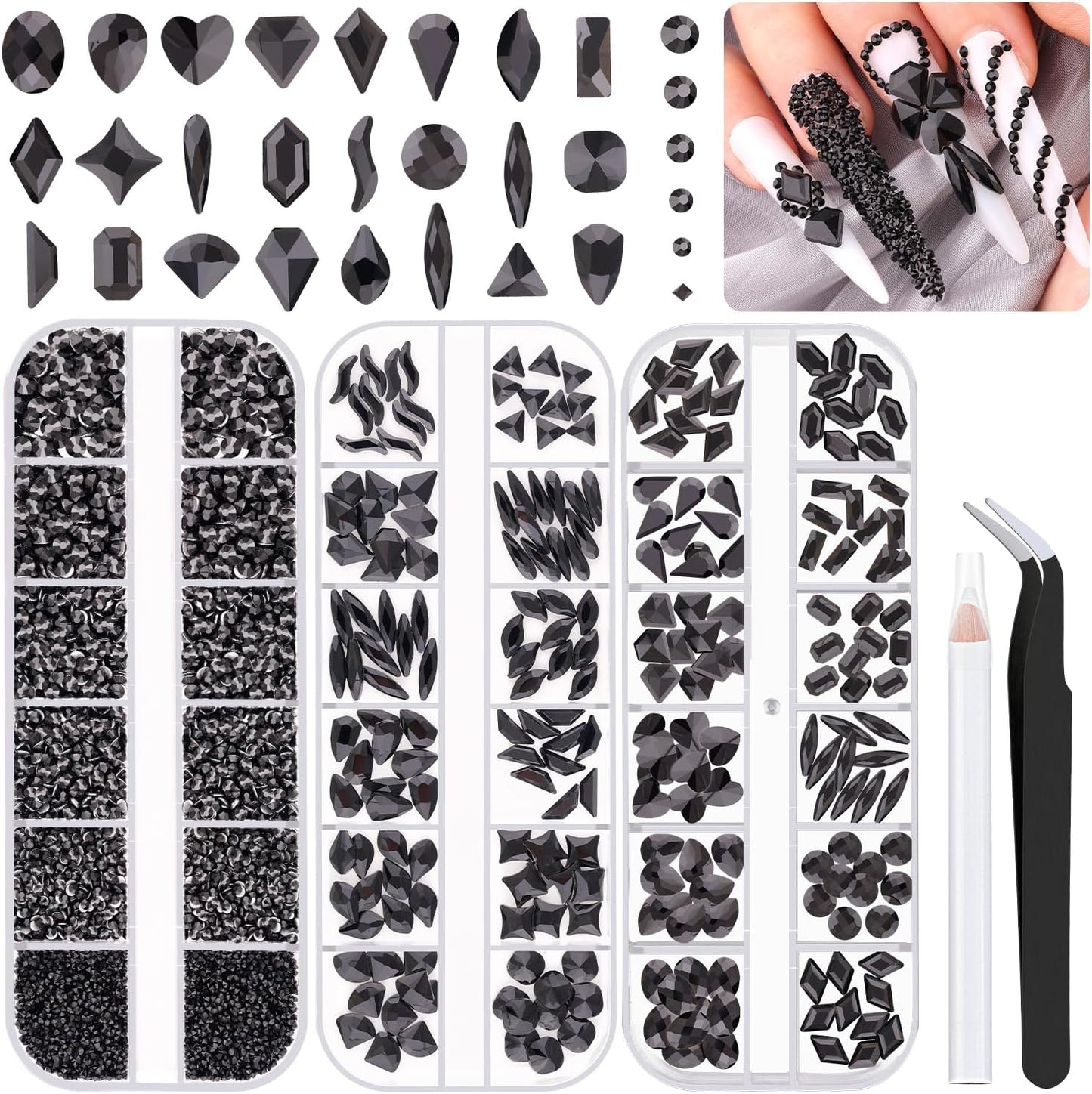 2750Pcs Black Glass Nail Rhinestones 240Pcs Multi Shapes Flatback Nail Gems + 2510Pcs 1.5-4mm Round Crystal, Manicure Nail Charms Diamond Gemstones for Acrylic Nails Decoration