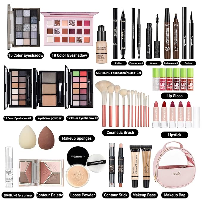 All In One Makeup Kit, Travel Makeup Kit, Makeup Gift Set, Makeup Kit for Women Full Kit, Makeup Bundle Includes Foundation Eyeshadow Palette Lipstick Eyeliner Mascara Contour Stick Cosmetic Brush Set