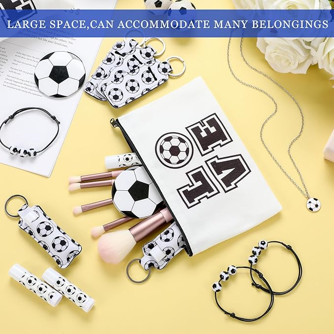 72 Pcs Sports Team Gifts Include 12 Makeup Bags 12 Lip Balm 12 Lip Balm Holder 12 Necklace 12 Adjustable Bracelet 12 Mirrors for Sports Lovers Players Party Favors (Black, Soccer)