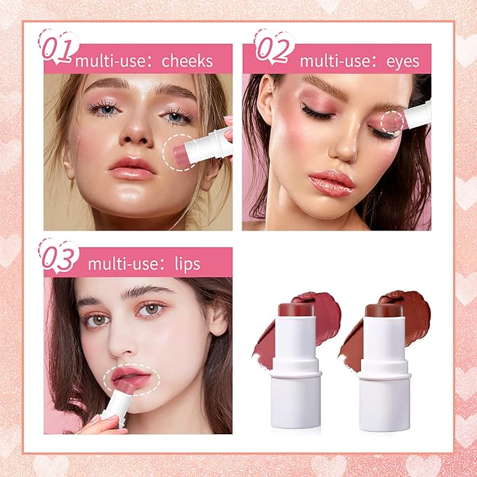 Blush Stick, Matte Cream Blush Stick for Cheeks, Eyes and Lips Natural Blush Makeup Waterproof Long Lasting(07 Rose Blush Stick)