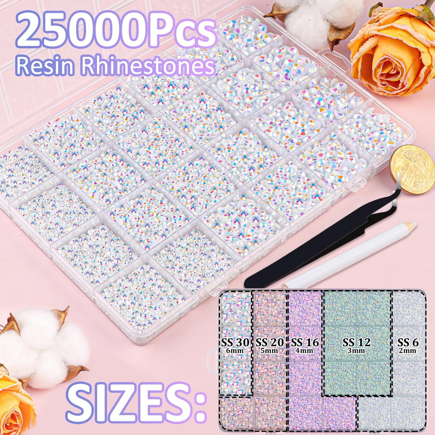 25000Pcs Resin Jelly Rhinestones for Crafting, White AB 2-6mm Mixed Sizes Non Hotfix Flatback Gems, Bedazzling Crystal for DIY Crafts Clothing Tumblers Mugs Shoes Fabric Nail Art