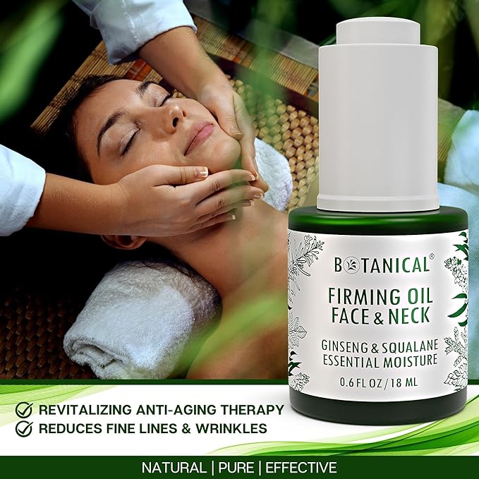 Botanical Face & Neck Firming Oil | Anti-Wrinkle Ginseng & Squalane Serum w/Gua Sha Lift Scraper | Organic, Pure, Natural Skincare (0.6 fl oz | 18 ml)