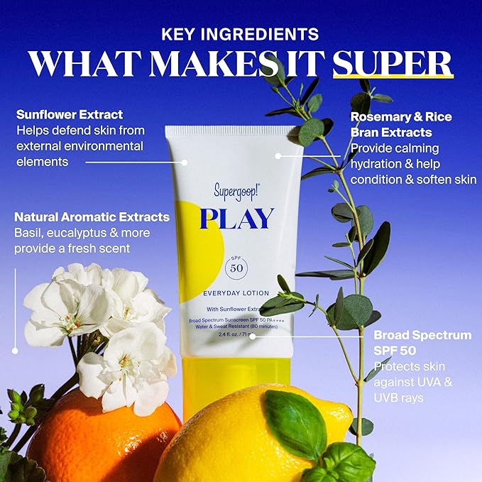Supergoop! PLAY Everyday Lotion SPF 50 - Broad Spectrum Body & Face Sunscreen for Sensitive Skin - Great for Active Days - Fast Absorbing, Water & Sweat Resistant - 5.5 fl oz
