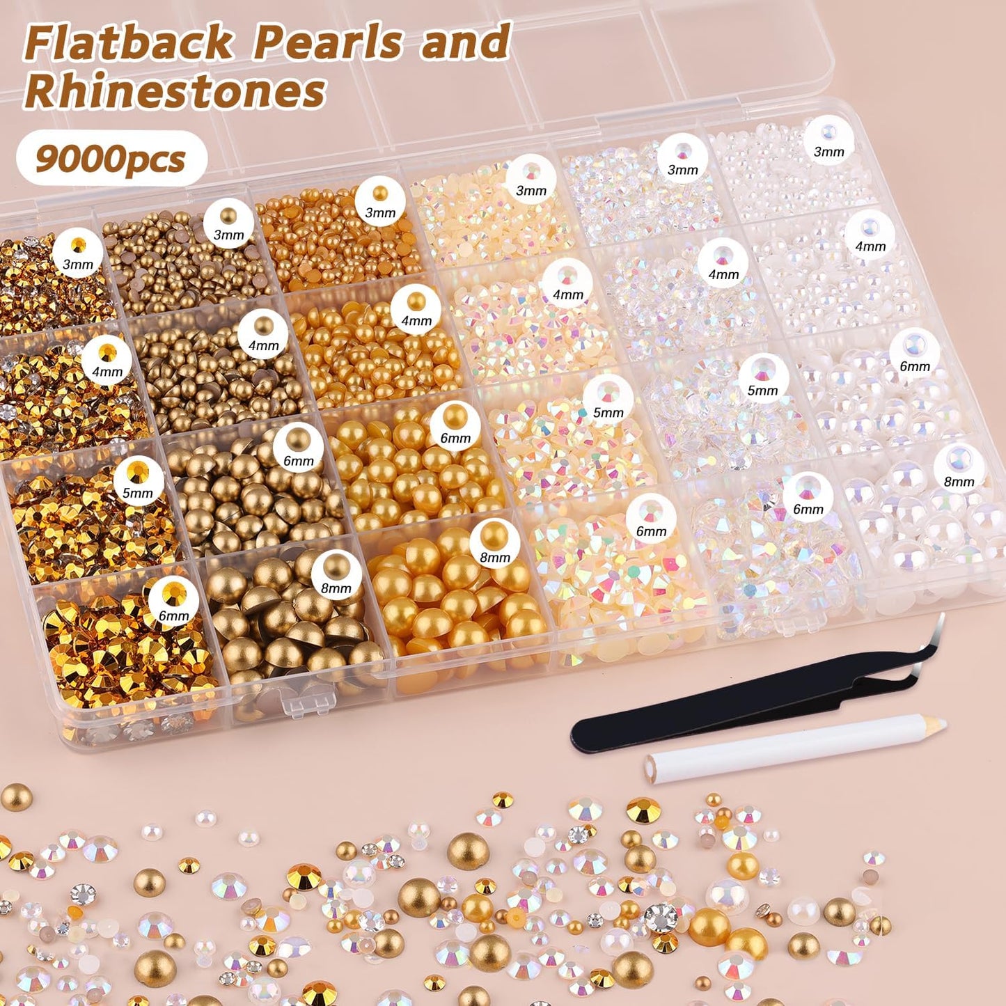 9000PCS Flatback Pearls and Rhinestones for Crafting, White Brown Mixed Size 3-10mm Resin Rhinestones and Half Pearls for Bedazzling, Nail Art and Decoration with Tweezer and Pickup Pencil