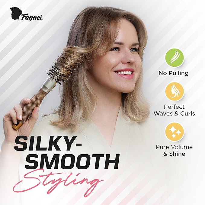 Fagaci Small Round Brush with Natural Boar Bristle for Blow Drying, Hair Styling, and Volume | Nano Technology Ceramic + Ionic for Healthy Hair