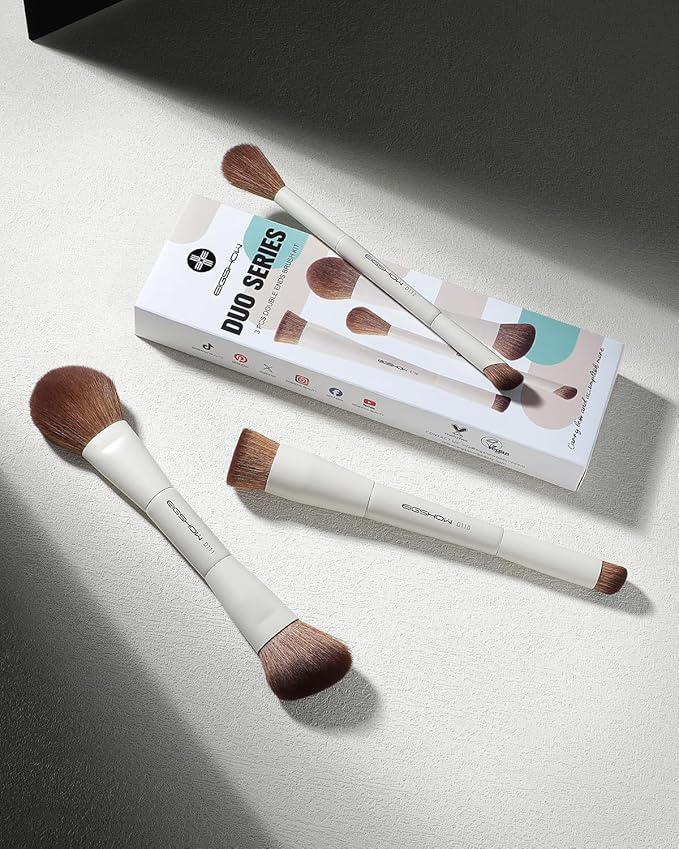 EIGSHOW Makeup Brush Set, 3Pcs Double Ended Face Makeup Brushes for Foundation Powder Contour Highlight Concealer Nose Shadow, Travel Gift Set (Beige)